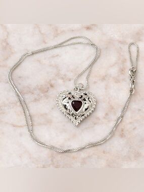Italy 925 Sterling Silver Filigree Heart Necklace Red Garnet Pendant